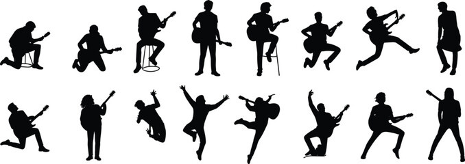 Stylized guitar player silhouette set featuring expressive musical poses for performance, entertainment, and artistic design themes.