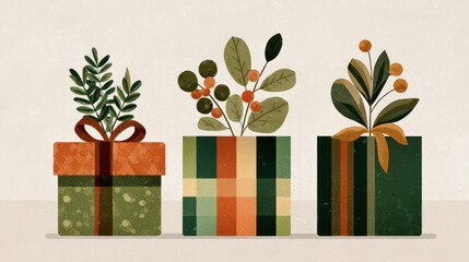 Flat vector illustration of three Christmas gifts with greenery accents, warm colors, simple geometric shapes, minimal festive design for holiday decoration themes