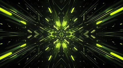Abstract futuristic background with glowing green neon lights. High-speed motion through a digital data tunnel. Symmetrical sci-fi technology concept
