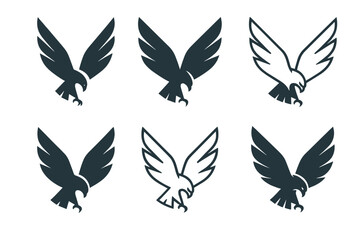 Falcon Logo Variations. Falcons. Icon set. Set Logo of Falcons: Hunting Dive. harmonious logo variations of the same emblematic concept (Negative space,