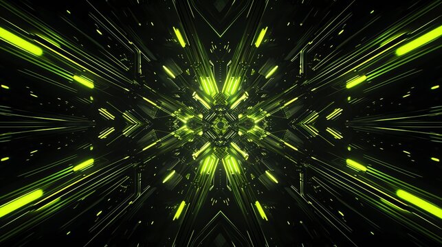 Abstract futuristic background with glowing green neon lights. High-speed motion through a digital data tunnel. Symmetrical sci-fi technology concept