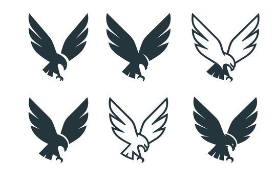 Falcon Logo Variations. Falcons. Icon set. Set Logo of Falcons: Hunting Dive. harmonious logo variations of the same emblematic concept (Negative space,