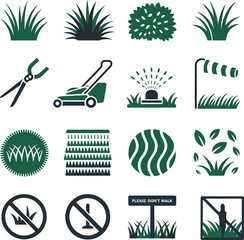 Stylized lawn care and landscaping icon set featuring tools, grass types, and safety signs for garden and outdoor design themes.