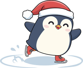 Cute cartoon penguin wearing a Santa hat ice skating on a white background