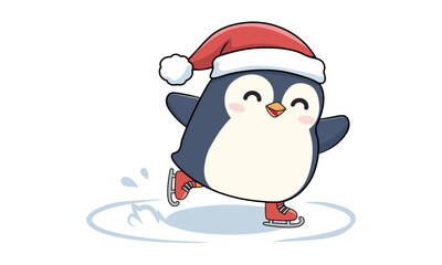 Cute cartoon penguin wearing a Santa hat ice skating on a white background
