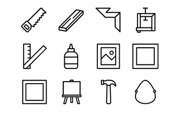 Obraz premium Frame Shop Icons. Frame shop. Line icon set of frame shop: saw, wood plank, corner joint, frame clamp, ruler, glue bottle, picture frame, mat board, border,