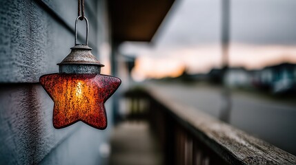 A star lantern with a warm glow is placed on a porch railing as the sun sets in the distance, creating a cozy mood