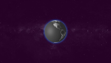Turquoise of earth rotating in space with soft glowing stars and shiny light global concepts. Black background 4k illustration.	