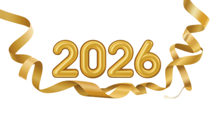 Stunning gold 2026 numbers with flowing festive ribbons celebrating success