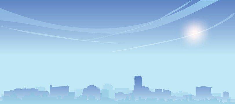 Blue panoramic poster of the city skyline with misty background buildings and clouds of ZAGREB, CROATIA