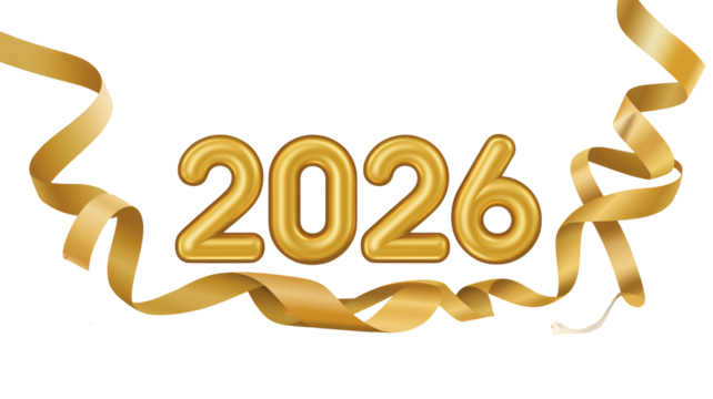 Stunning gold 2026 numbers with flowing festive ribbons celebrating success