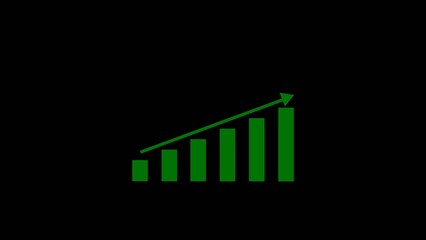 Abstract growth graph neon bright, turqouise arrow moves upward, columns. black background 4k illustration. Economic progress chart. Analysis graph for investment, money or companies profit concept.