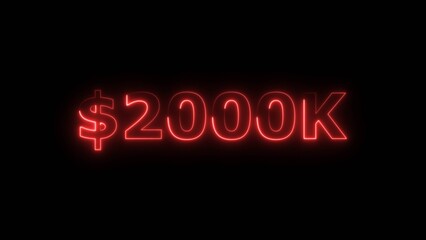 Red color neon bright $20,00K number for finance and success themed 4k illustration. Perfect for financial 4k illustration. Digital or currency Maney themes. Black background 4k illustration.