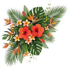 Vibrant tropical floral arrangement featuring red hibiscus yellow plumeria and orange bird of paradise flowers with lush green foliage isolated on transparent background