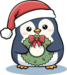 Cute cartoon penguin wearing a Santa hat and holding a Christmas wreath