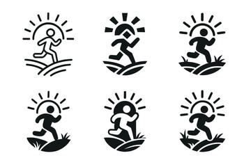 Fototapeta premium Happy Runner Logos. Happy Person Running Through a Field. Icon set. Set Logo of Happy Person Running Through a Field: sunlight over running figure. harmonious