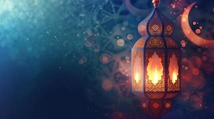 Glowing Islamic lantern on a dark blue background for Ramadan. Traditional Arabic Fanoos with a crescent moon and bokeh lights. Holy month celebration and Eid Mubarak greeting card with copy space
