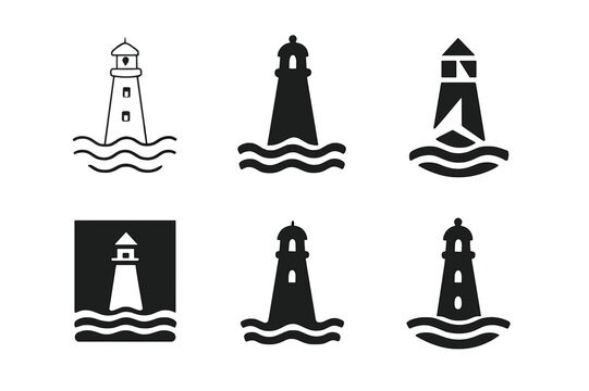 Harbor View Logos. Harbor view. Icon set. Set Logo of Harbor view: Lighthouse by the sea. harmonious logo variations of the same emblematic concept (Minimal