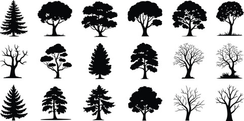 Stylized tree silhouette illustration set featuring diverse canopy shapes and branching structures for design, educational, and botanical themes.