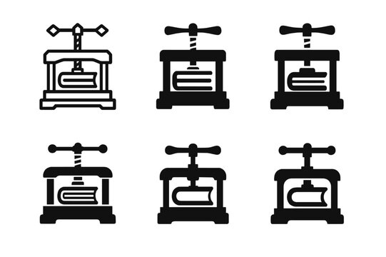 Historic Bookbinding Icons. Historic bookbinding process. Icon set. Set Logo of historic bookbinding process: wooden book press. harmonious logo variations of