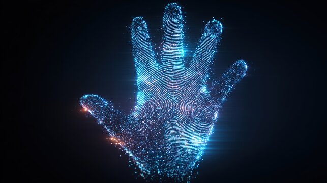 Digital Handprint: An artistic representation of a hand, formed by sparkling particles, glows against a dark background, reflecting the nexus between technology and human identity.