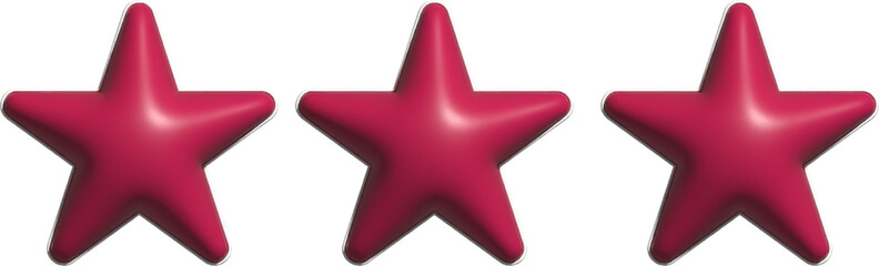 Three red stars on a transparent background, perfect for ratings and reviews, three-dimensional stars are ideal for representing a rating or a review, and they stand out against the dark backdrop