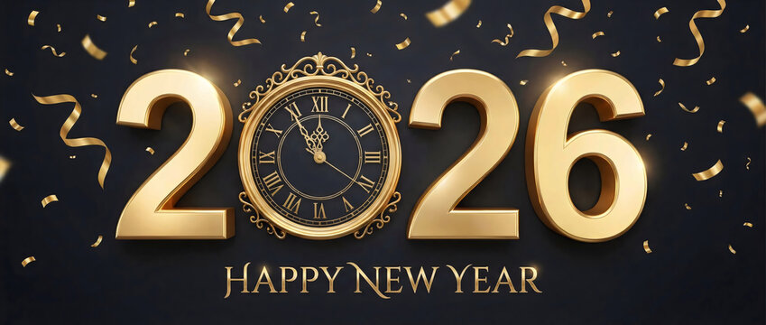 Happy new year 2026 gold celebration clock countdown party festive holiday background wallpaper design