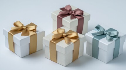 Fototapeta premium Four gift boxes with various ribbon colors on white boxes, holiday theme