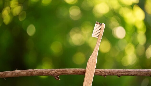 A bamboo toothbrush rests on a branch, set against a blurred green background of leaves and sunlight.