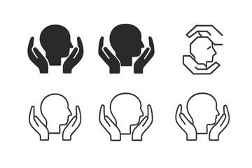 Obraz premium Mental Health Logos. Mental health awareness. Icon set. Set Logo of mental health: supportive hands around head. harmonious logo variations of the same