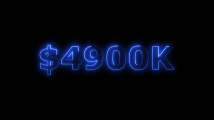Purple color neon bright $4900K number for finance and success themed 4k illustration. Perfect for financial 4k illustration. Digital or currency Maney themes. Black background 4k illustration.