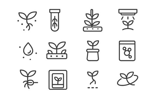Microgravity Plant Icons. Microgravity plant growth. Line icon set of microgravity plant growth: seedling in air, root in tube, leaf chamber, LED grow light,