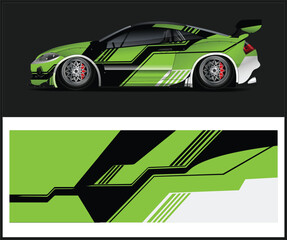 Fototapeta premium Green sports car with black and white racing stripes wrap design