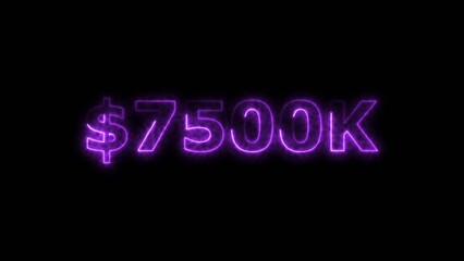Magenta color neon bright $7500K number for finance and success themed 4k illustration. Perfect for financial 4k illustration. Digital or currency Maney themes. Black background 4k illustration.