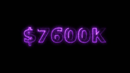 Magenta color neon bright $7600K number for finance and success themed 4k illustration. Perfect for financial 4k illustration. Digital or currency Maney themes. Black background 4k illustration.