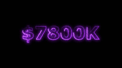 Magenta color neon bright $7800K number for finance and success themed 4k illustration. Perfect for financial 4k illustration. Digital or currency Maney themes. Black background 4k illustration.