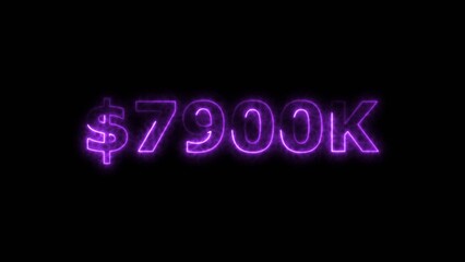 Magenta color neon bright $7900K number for finance and success themed 4k illustration. Perfect for financial 4k illustration. Digital or currency Maney themes. Black background 4k illustration.