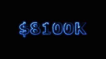 Royal blue color neon bright $8100K number for finance and success themed 4k illustration. Perfect for financial 4k illustration. Digital or currency Maney themes. Black background 4k illustration.
