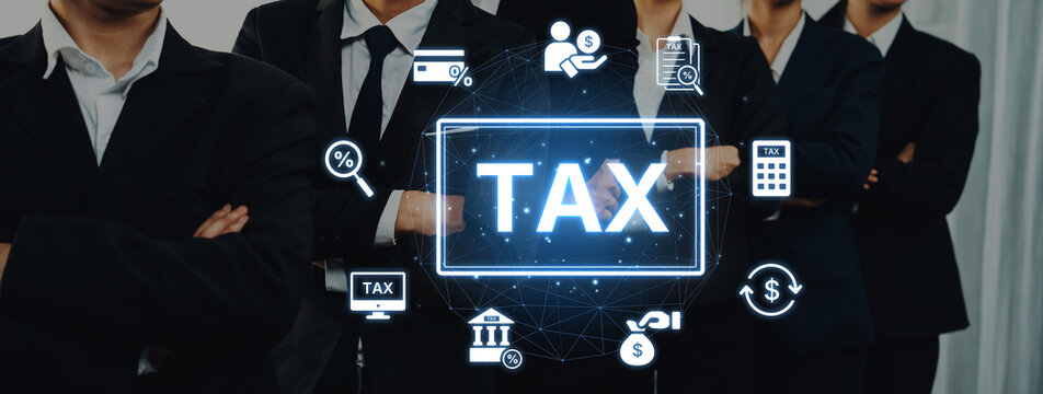This image illustrates a group of professionals in suits standing confidently, surrounded by digital icons representing tax services, financial strategies, and business solutions. Trope