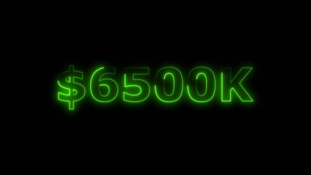 Lime green color neon bright $6500K number for finance and success themed 4k illustration. Perfect for financial 4k illustration. Digital or currency Maney themes. Black background 4k illustration.