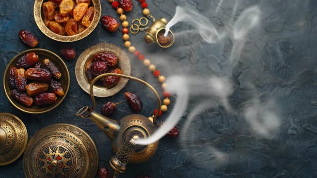 An overhead view of dates in ornate brass bowls a steaming teapot prayer beads and an incense burner on a dark textured background