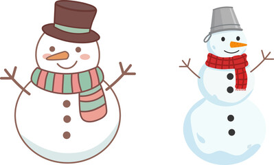 Two adorable snowmen with hats and scarves in a cheerful winter scene