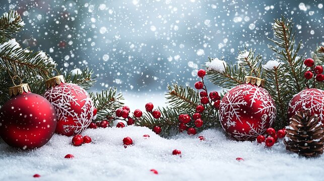 Christmas Decorations with Red Ornaments and Pine Branches in Snow Image