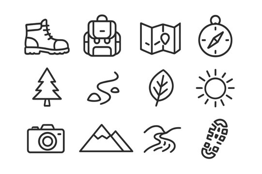 Nature Hiking Icons. Nature Hiking. Line icon set of Nature Hiking: hiking boots, backpack, map, compass, pine tree, trail, leaf, sun, camera, mountain, river,
