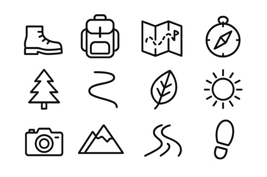 Nature Hiking Icons. Nature Hiking. Line icon set of Nature Hiking: hiking boots, backpack, map, compass, pine tree, trail, leaf, sun, camera, mountain, river,