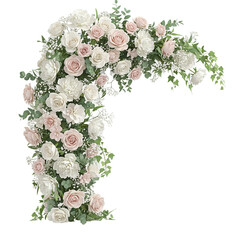 Elegant archway of white and pink roses with greenery isolated on transparent background