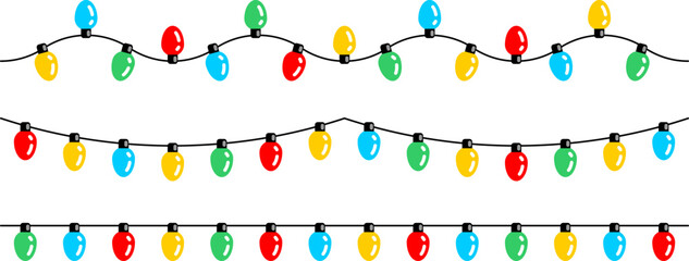 Garlands with colored bulbs. Christmas light string. Christmas glowing lights on white background. Flat design