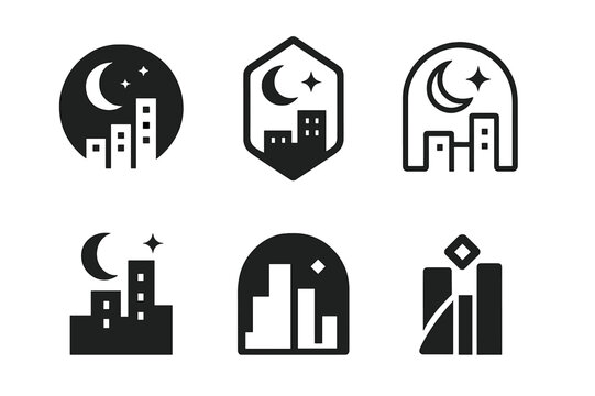 Night Skyline Icons. Night. Icon set. Set Logo of Night: Night skyline. harmonious logo variations of the same emblematic concept (Negative space, Symmetrical