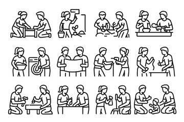 Naklejka premium Parent Teamwork Icons. Mom and Dad Teamwork. Line icon set of Mom and Dad Teamwork: parents assembling furniture, parents painting wall, parents gardening,