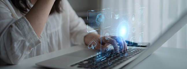 A futuristic command center interface for managing a global technology platform. The dashboard includes data security, network administration, and biometric user authentication. Fermion
